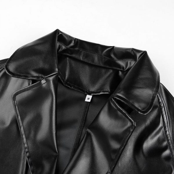 solid black pu leather jacket for women  winter fashion belted fake pockets jacket coat streetwear turn down collar outwear - Takalr