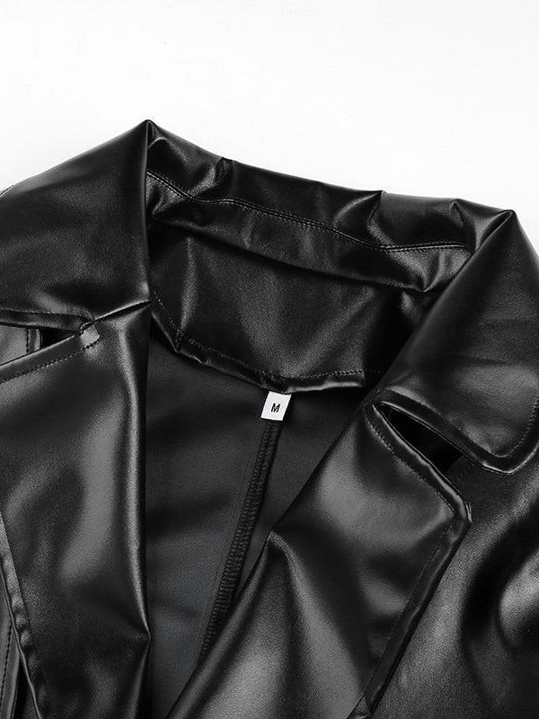 solid black pu leather jacket for women  winter fashion belted fake pockets jacket coat streetwear turn down collar outwear - Takalr