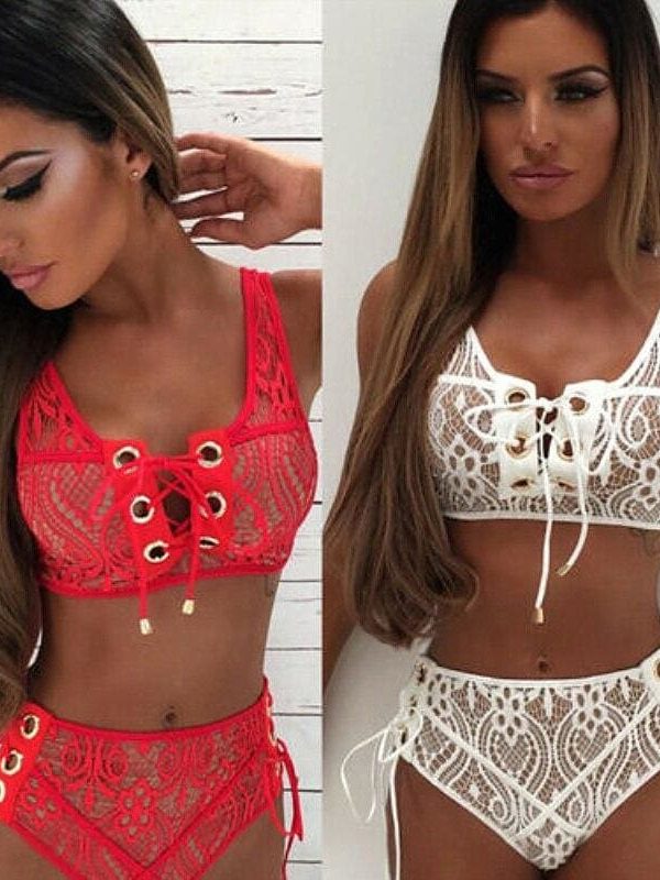 The Best Solid Color Bikinis Women Lace Up Bandage Bra High Waist Bikini Set Female Sexy Swimsuit Triangle Swimwear Bathing Suit Online - Takalr