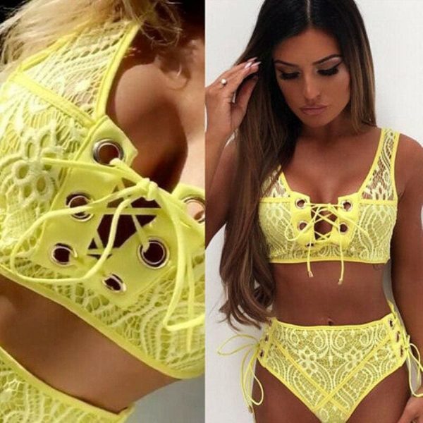 The Best Solid Color Bikinis Women Lace Up Bandage Bra High Waist Bikini Set Female Sexy Swimsuit Triangle Swimwear Bathing Suit Online - Takalr