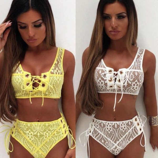 The Best Solid Color Bikinis Women Lace Up Bandage Bra High Waist Bikini Set Female Sexy Swimsuit Triangle Swimwear Bathing Suit Online - Takalr