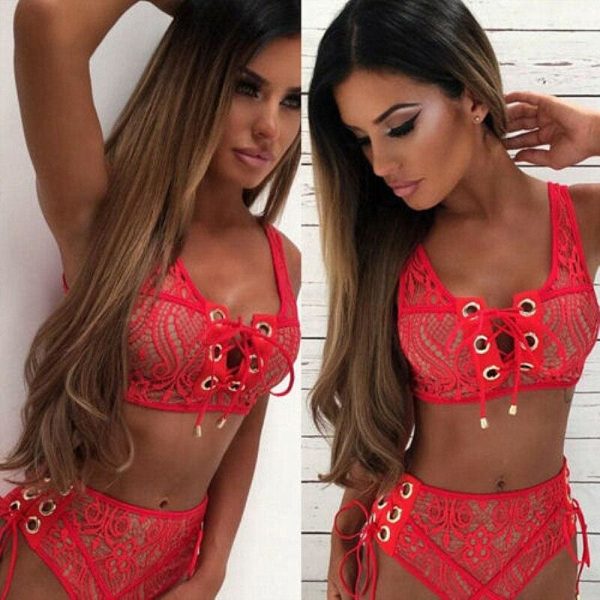 The Best Solid Color Bikinis Women Lace Up Bandage Bra High Waist Bikini Set Female Sexy Swimsuit Triangle Swimwear Bathing Suit Online - Takalr