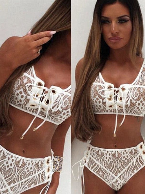 The Best Solid Color Bikinis Women Lace Up Bandage Bra High Waist Bikini Set Female Sexy Swimsuit Triangle Swimwear Bathing Suit Online - Takalr