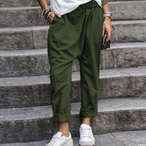 The Best Solid Color Casual Pocket Elastic Waist Harem Pants Online - Takalr