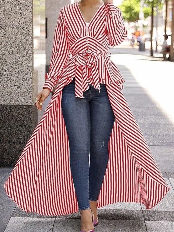 The Best Spring Autumn Women Blouse Black Strips V-Neck Long Sleeve Work Shirts Women office Tops Striped Blouse for Business Online - Takalr