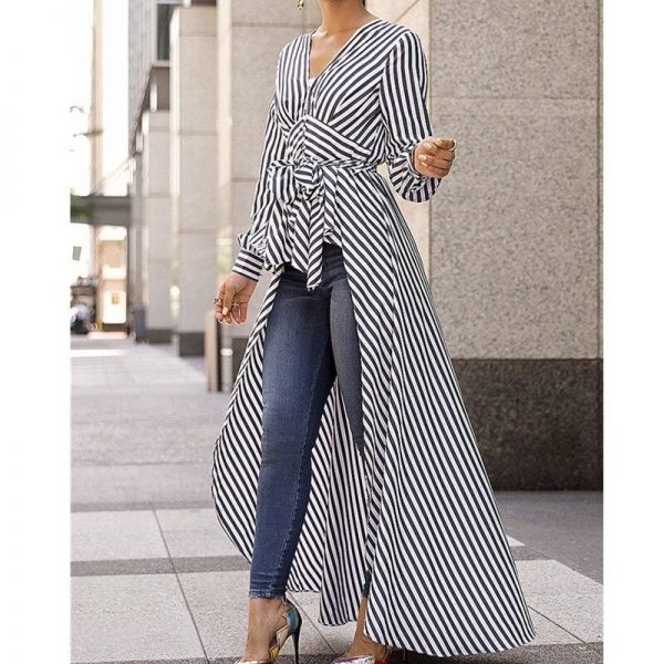 The Best Spring Autumn Women Blouse Black Strips V-Neck Long Sleeve Work Shirts Women office Tops Striped Blouse for Business Online - Takalr