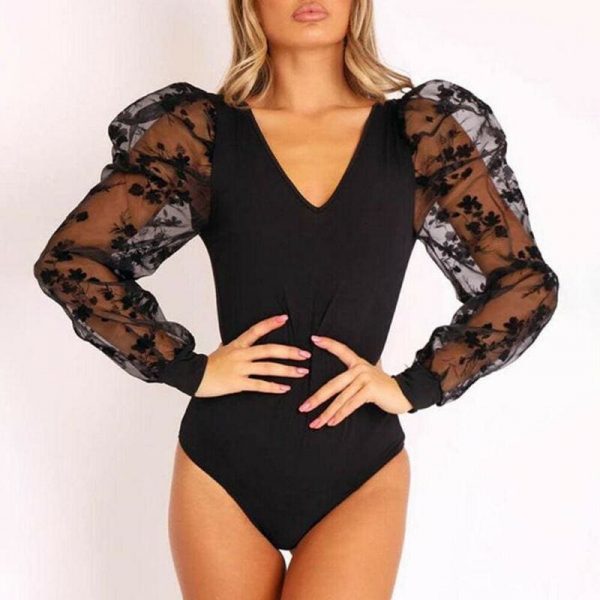 The Best Spring Women's Fashion Mesh Embroidered Sexy Rompers Clubwear Playsuit Long Sleeved Waist Skinny Bodysuit Slim V-neck Jumpsuit Online - Takalr