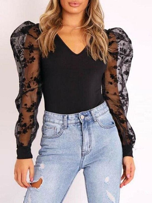 The Best Spring Women's Fashion Mesh Embroidered Sexy Rompers Clubwear Playsuit Long Sleeved Waist Skinny Bodysuit Slim V-neck Jumpsuit Online - Takalr