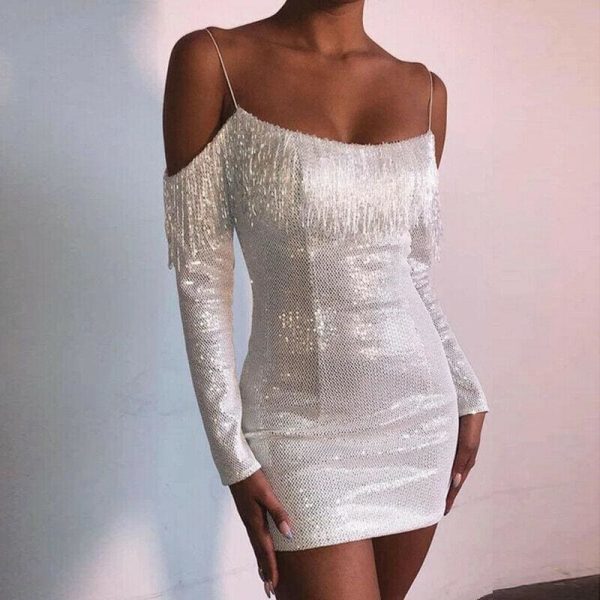 The Best Strap Tassel Sequins Dress Party Clubwear Mini Dresses Ladies Off Shoulder Dress Vestido Online - Takalr