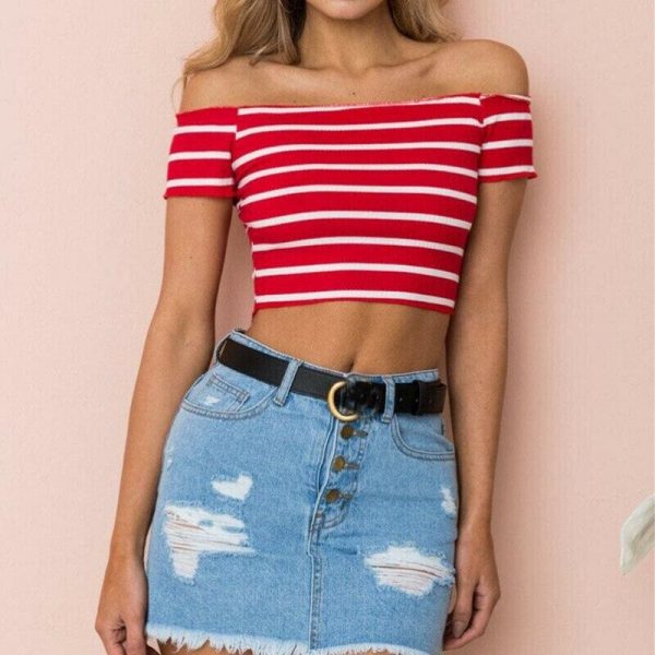 The Best Streetwear Women Summer Casual Striped Off Shoulder Short Shirt Fashion Beach Crop Top Vest Tank Online - Takalr