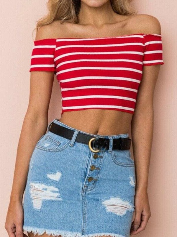 The Best Streetwear Women Summer Casual Striped Off Shoulder Short Shirt Fashion Beach Crop Top Vest Tank Online - Takalr