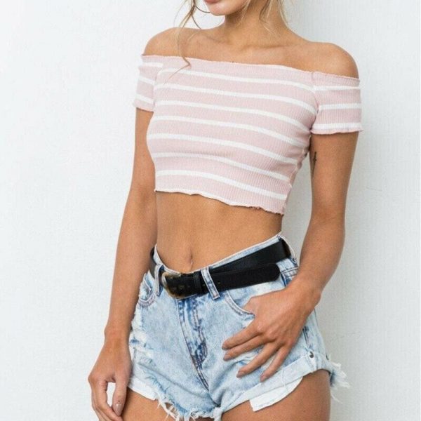 The Best Streetwear Women Summer Casual Striped Off Shoulder Short Shirt Fashion Beach Crop Top Vest Tank Online - Takalr