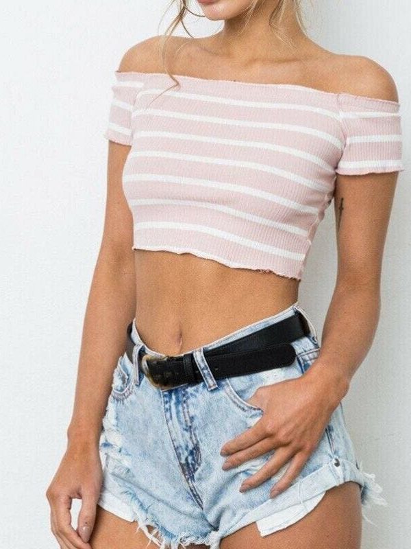 The Best Streetwear Women Summer Casual Striped Off Shoulder Short Shirt Fashion Beach Crop Top Vest Tank Online - Takalr