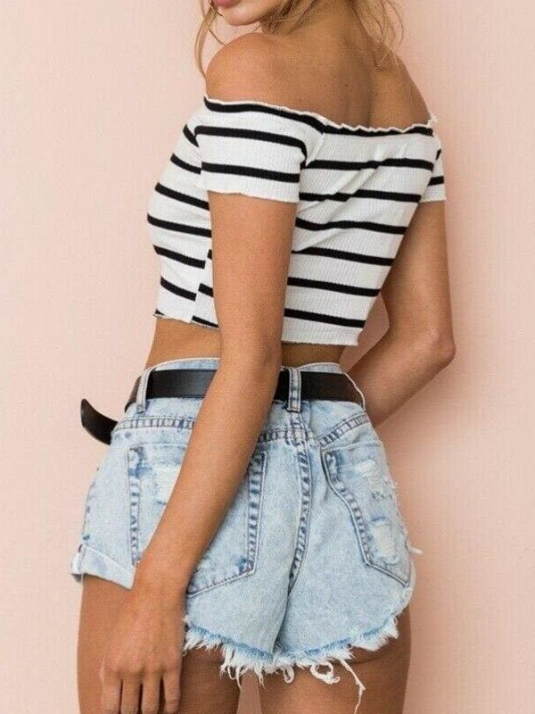 The Best Streetwear Women Summer Casual Striped Off Shoulder Short Shirt Fashion Beach Crop Top Vest Tank Online - Takalr