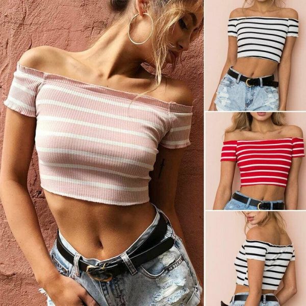 The Best Streetwear Women Summer Casual Striped Off Shoulder Short Shirt Fashion Beach Crop Top Vest Tank Online - Takalr