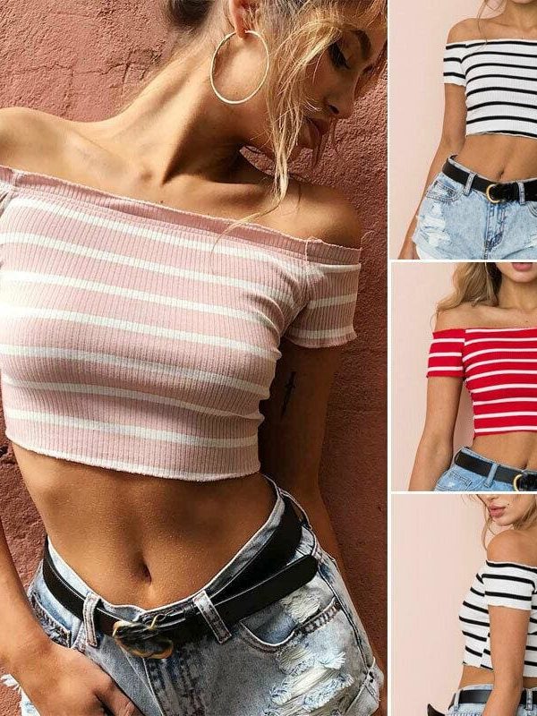 The Best Streetwear Women Summer Casual Striped Off Shoulder Short Shirt Fashion Beach Crop Top Vest Tank Online - Takalr