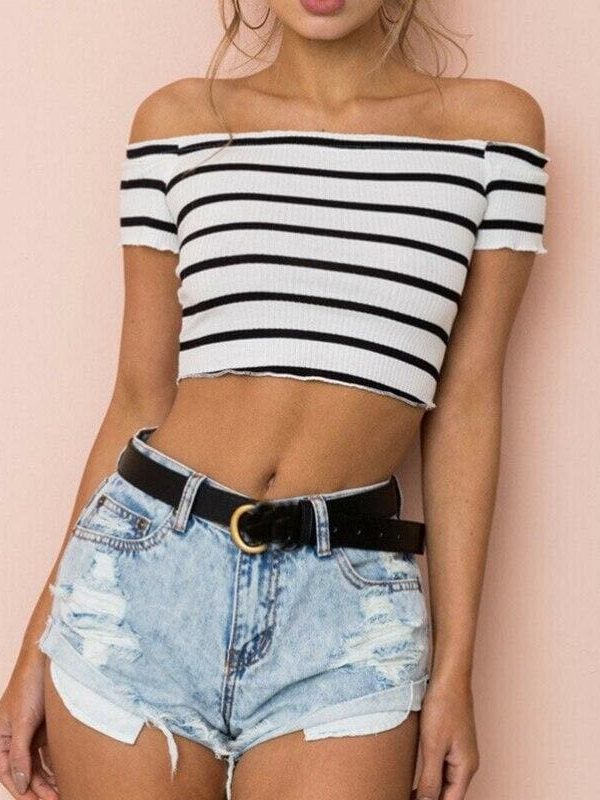 The Best Streetwear Women Summer Casual Striped Off Shoulder Short Shirt Fashion Beach Crop Top Vest Tank Online - Takalr