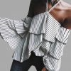 The Best Stripe Halter Ruffle Design Cold Shoulder Bell Sleeves Tops Online - Takalr