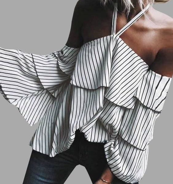 The Best Stripe Halter Ruffle Design Cold Shoulder Bell Sleeves Tops Online - Takalr