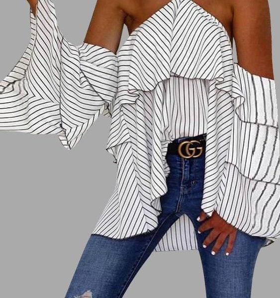 The Best Stripe Halter Ruffle Design Cold Shoulder Bell Sleeves Tops Online - Takalr