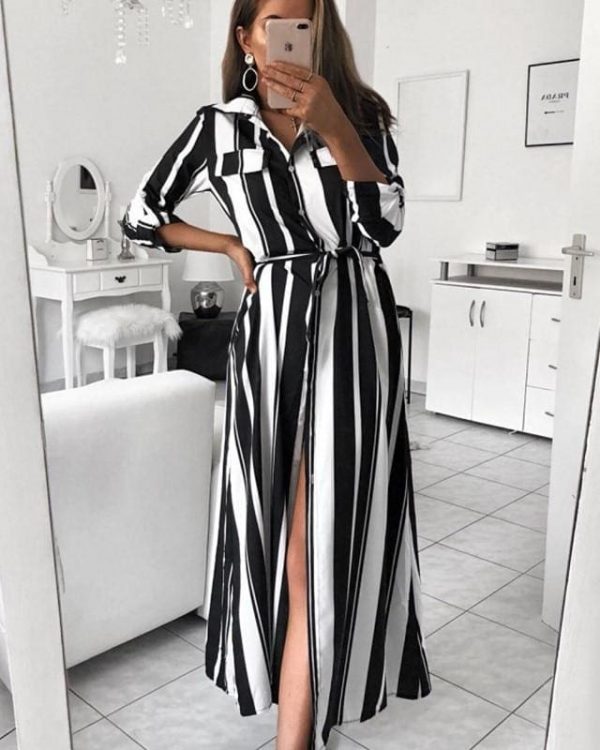 The Best Stripe Turn-Down Collar Button Autumn Summer Long Sleeve Dress Online - Source Silk