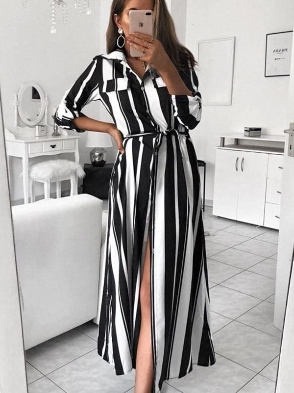 The Best Stripe Turn-Down Collar Button Autumn Summer Long Sleeve Dress Online - Source Silk