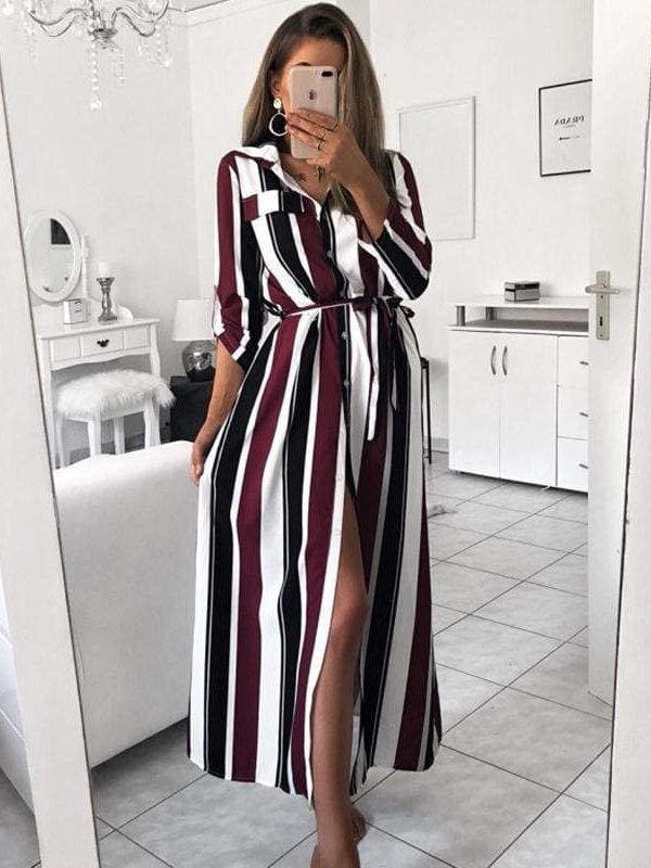 The Best Stripe Turn-Down Collar Button Autumn Summer Long Sleeve Dress Online - Source Silk