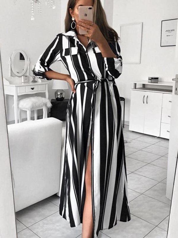 The Best Stripe Turn-Down Collar Button Autumn Summer Long Sleeve Dress Online - Source Silk