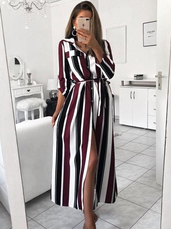 The Best Stripe Turn-Down Collar Button Autumn Summer Long Sleeve Dress Online - Source Silk