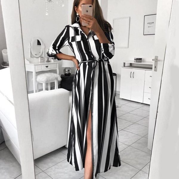 The Best Stripe Turn-Down Collar Button Autumn Summer Long Sleeve Dress Online - Source Silk