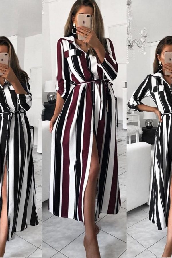 The Best Stripe Turn-Down Collar Button Autumn Summer Long Sleeve Dress Online - Source Silk