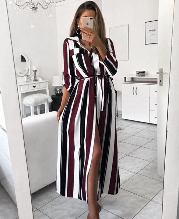 The Best Stripe Turn-Down Collar Button Autumn Summer Long Sleeve Dress Online - Source Silk