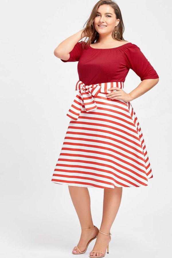 The Best Stripe Women Vintage Dress Half Sleeves High Waist Bowknot Plus Size Online - Source Silk