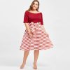 The Best Stripe Women Vintage Dress Half Sleeves High Waist Bowknot Plus Size Online - Source Silk