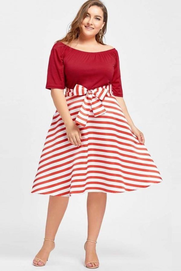 The Best Stripe Women Vintage Dress Half Sleeves High Waist Bowknot Plus Size Online - Source Silk