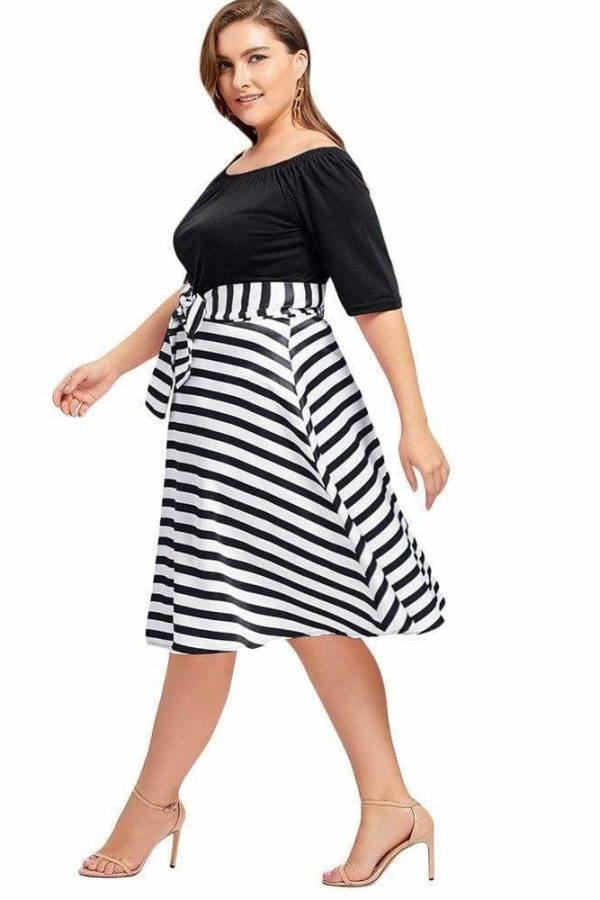 The Best Stripe Women Vintage Dress Half Sleeves High Waist Bowknot Plus Size Online - Source Silk