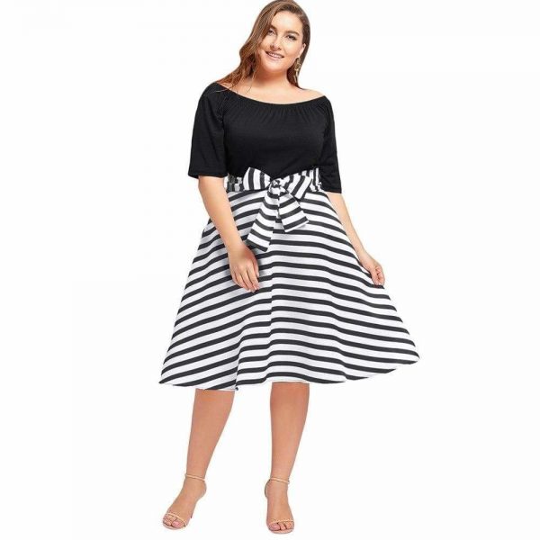 The Best Stripe Women Vintage Dress Half Sleeves High Waist Bowknot Plus Size Online - Source Silk