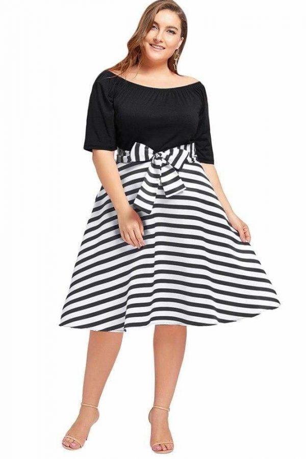 The Best Stripe Women Vintage Dress Half Sleeves High Waist Bowknot Plus Size Online - Source Silk