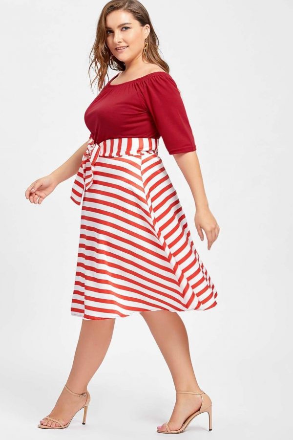 The Best Stripe Women Vintage Dress Half Sleeves High Waist Bowknot Plus Size Online - Source Silk