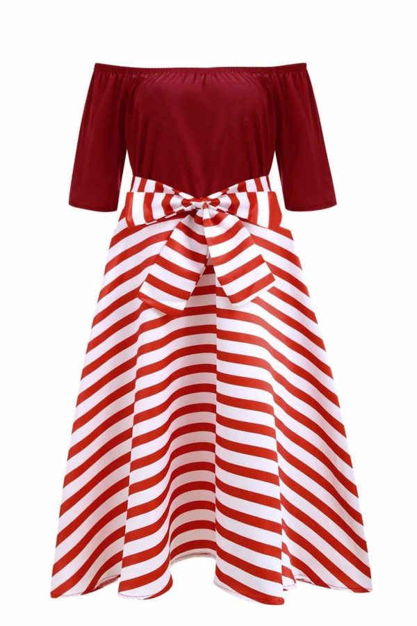 The Best Stripe Women Vintage Dress Half Sleeves High Waist Bowknot Plus Size Online - Source Silk