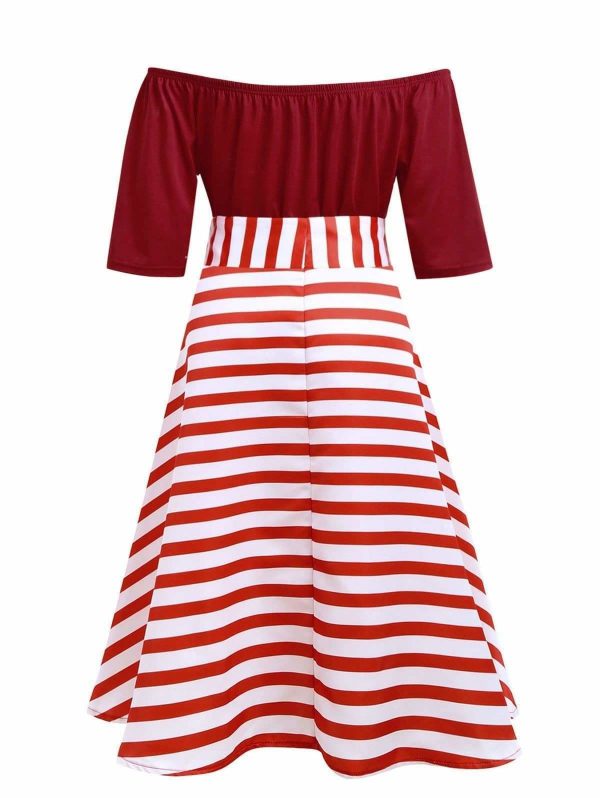 The Best Stripe Women Vintage Dress Half Sleeves High Waist Bowknot Plus Size Online - Source Silk