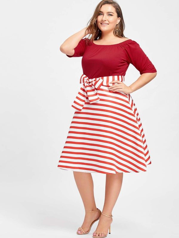 The Best Stripe Women Vintage Dress Half Sleeves High Waist Bowknot Plus Size Online - Source Silk