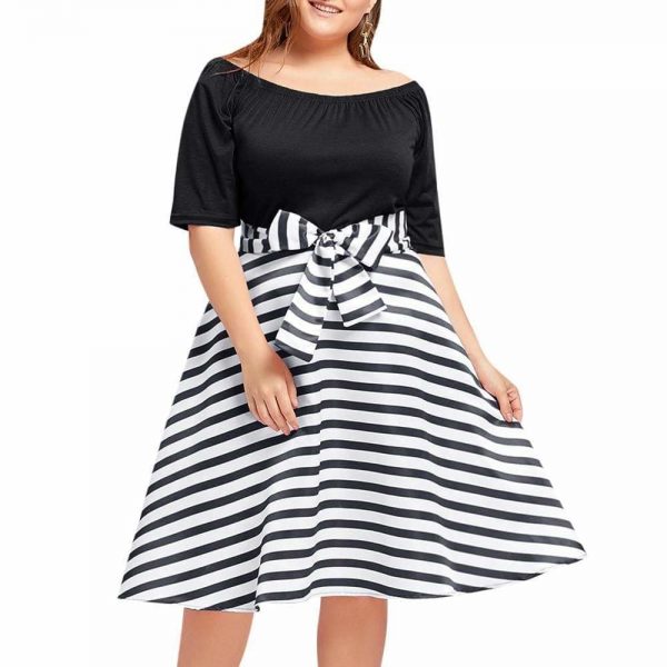 The Best Stripe Women Vintage Dress Half Sleeves High Waist Bowknot Plus Size Online - Source Silk