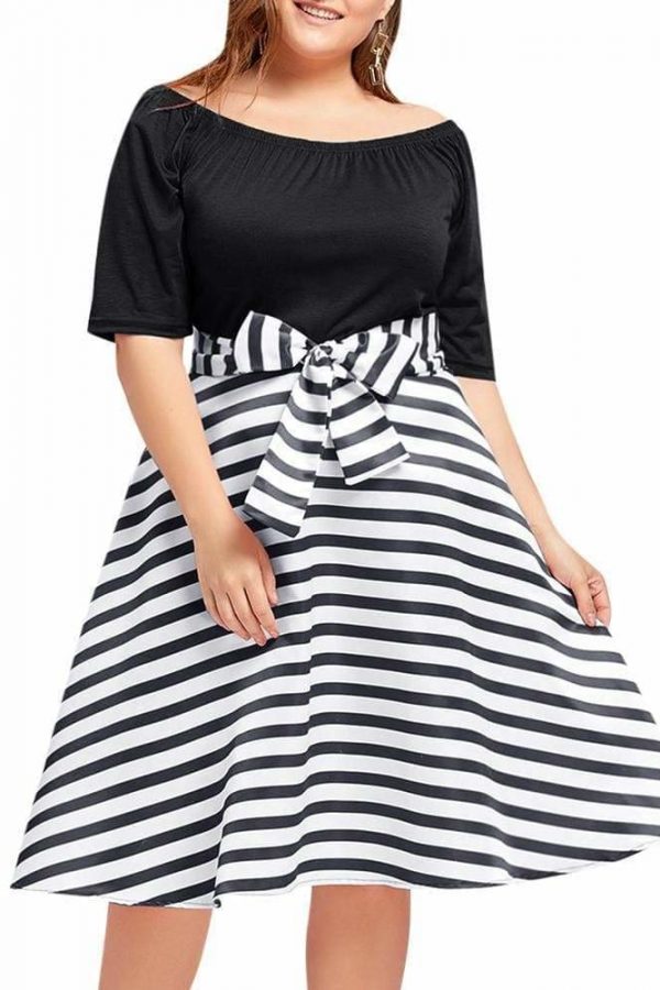 The Best Stripe Women Vintage Dress Half Sleeves High Waist Bowknot Plus Size Online - Source Silk