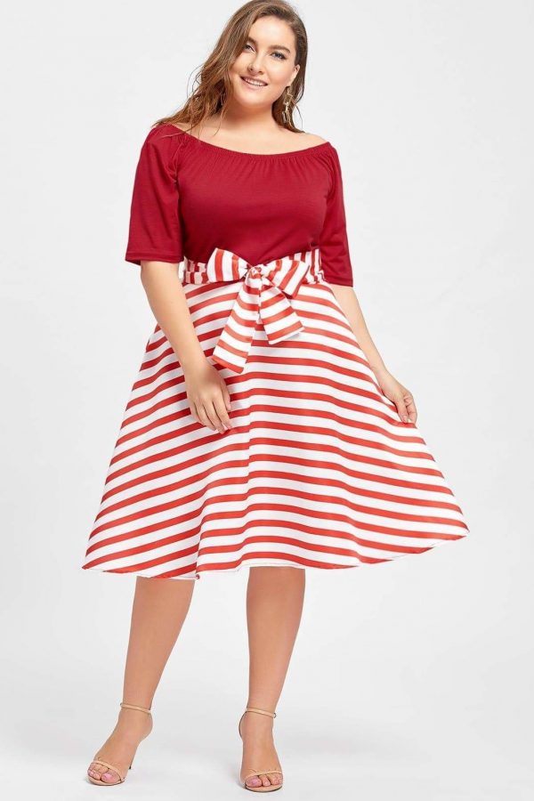 The Best Stripe Women Vintage Dress Half Sleeves High Waist Bowknot Plus Size Online - Source Silk