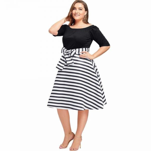 The Best Stripe Women Vintage Dress Half Sleeves High Waist Bowknot Plus Size Online - Source Silk