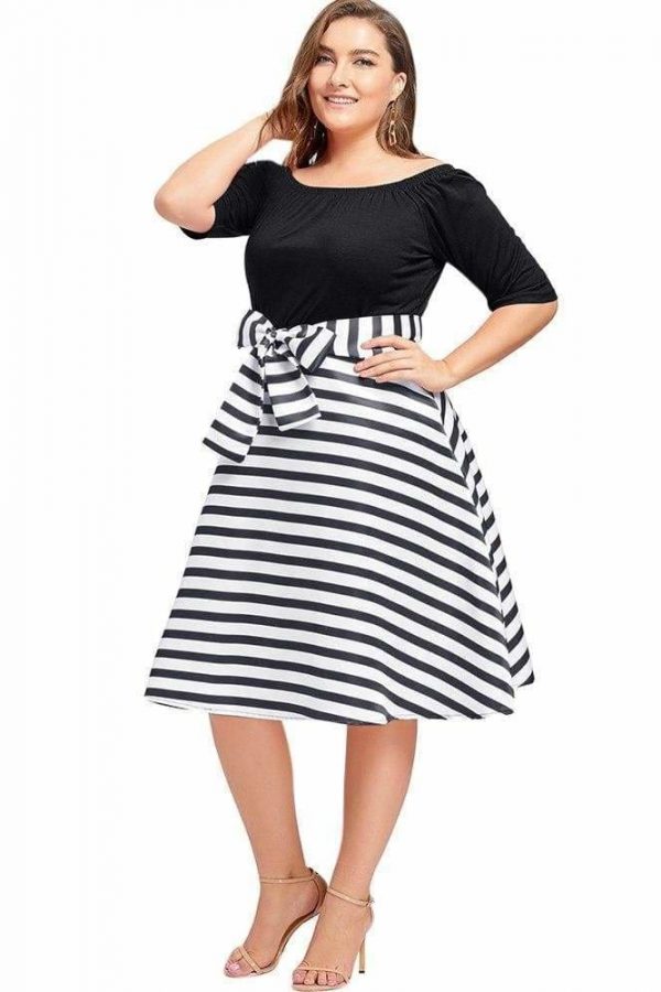 The Best Stripe Women Vintage Dress Half Sleeves High Waist Bowknot Plus Size Online - Source Silk