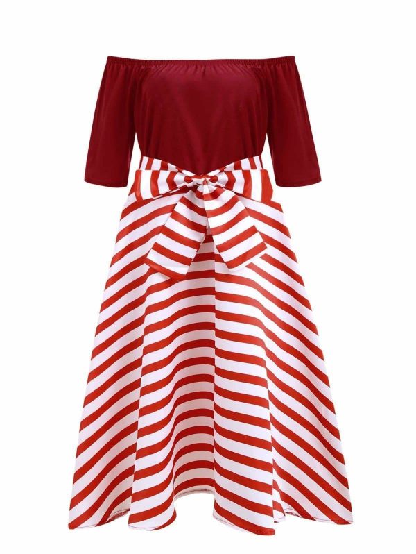 The Best Stripe Women Vintage Dress Half Sleeves High Waist Bowknot Plus Size Online - Source Silk