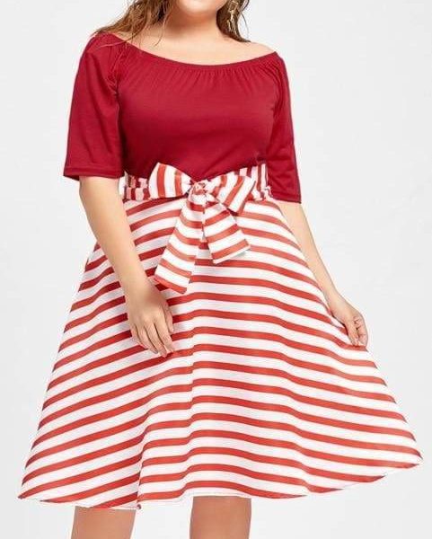 The Best Stripe Women Vintage Dress Half Sleeves High Waist Bowknot Plus Size Online - Source Silk