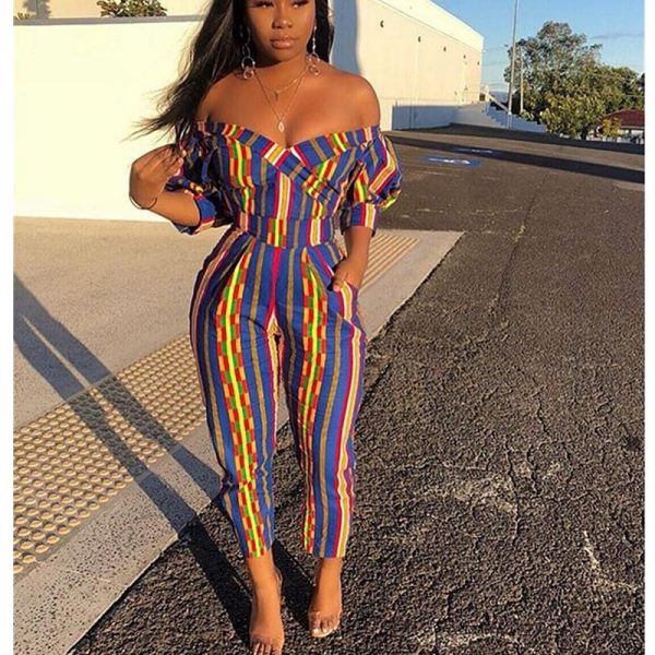 The Best Striped Women Jumpsuit Off Shoulder Strapless Romper Ladies Summer Casual Long Pants Trouser Streetwear Online - Takalr